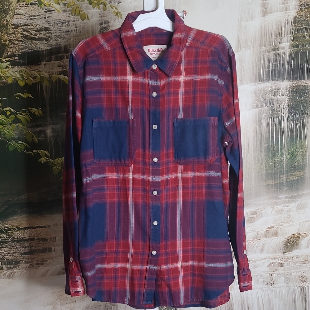 Mossimo Boyfriend Womens Large Red Blue Casual Button Down Plaid Shirt